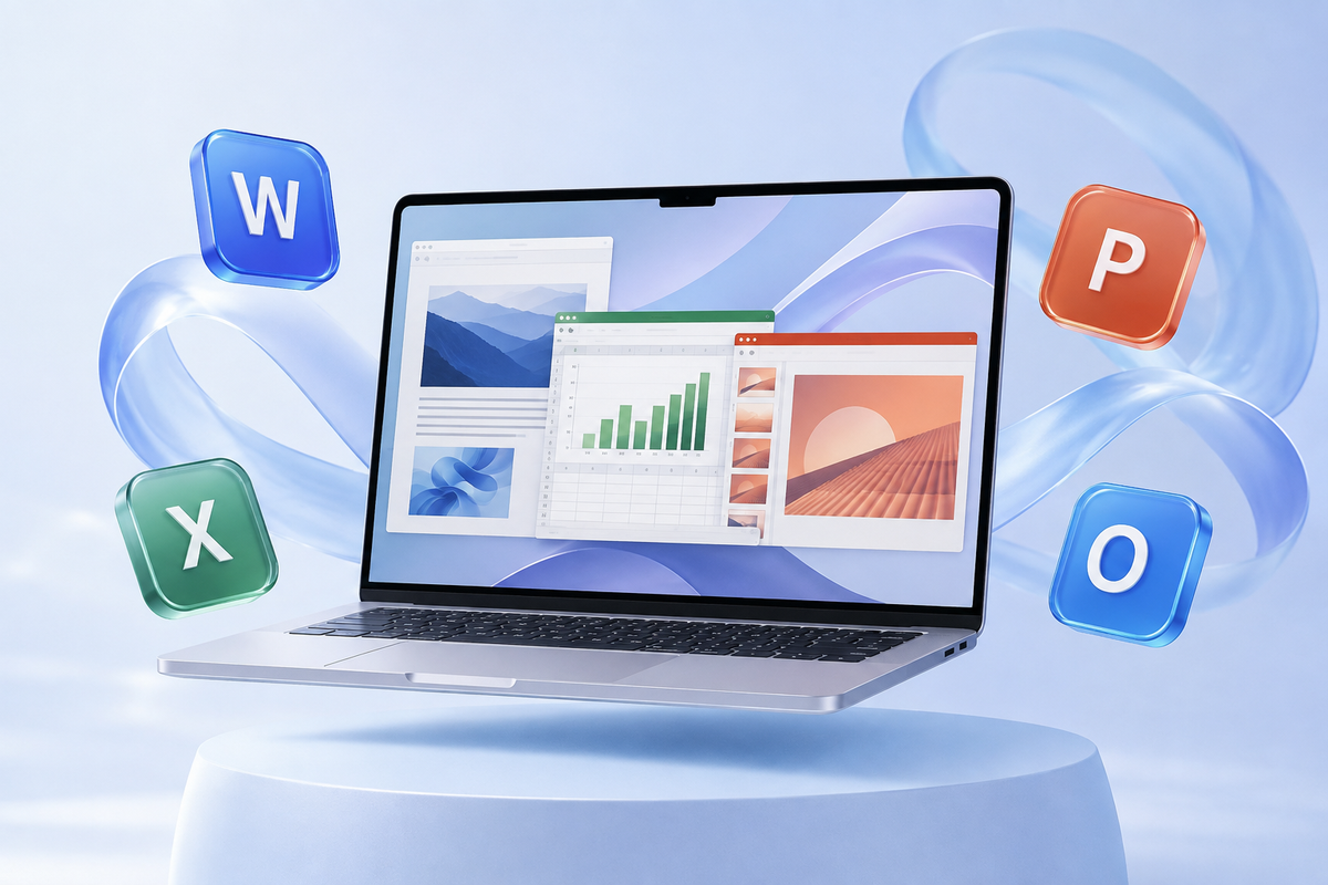 MacBook avec des documents créatifs et les symboles colorés de Word, Excel, PowerPoint et Outlook